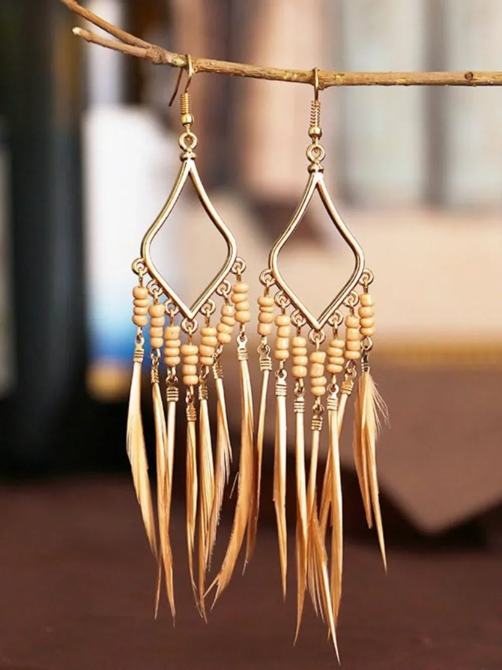 New - Bead‎ Earrings Set Feather Tassel Gold Boho Ethnic Retro Bohemian Dangle